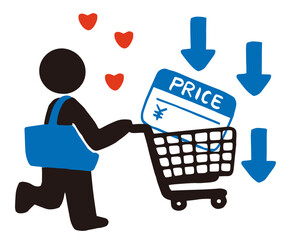 Shopping Basket with Price Tags and Down Arrow Vector &ndash; Deflation Concept