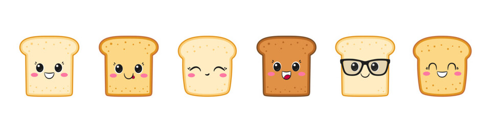 Set toasts, cute toast, fun character cartoon, sliced bread, big eyes, happy smiling face, kawaii style, breakfast symbol, vector illustration.
