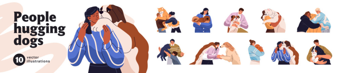 People hug dogs set. Happy owners cuddle their cute puppies. Men and women love, care, hold and embrace funny doggies and pups. Characters and pets. Flat isolated vector illustrations on white