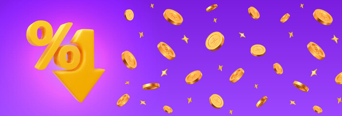 3d yellow low price icon and flying golden coins with percent sign with stars. Horizontal banner for promotion. Stock vector illustration on purple isolated background. © Игорь Жуков