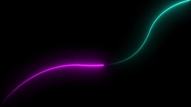 Neon pink and cyan glowing curved upward line graph on dark background representing business growth, financial performance, data analytics and market trend.