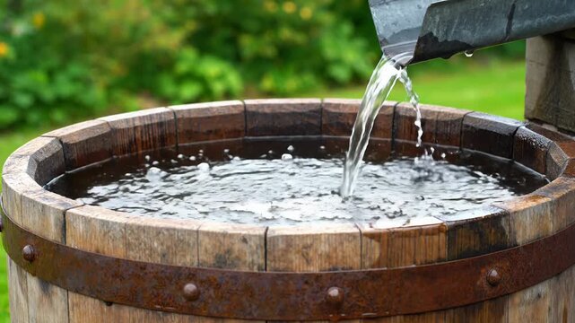 Capturing the essence of a rainfall collection in a rustic wooden barrel outdoors