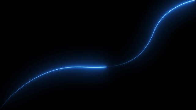 Neon blue glowing curved upward line graph on dark background representing business growth, financial performance, data analytics and market trend.