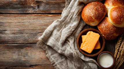 Bread bun cheese wooden table rustic fabric bowl breakfast dairy snack wicker seed fresh homemade food slice orange cloth napkin wooden background grain crust soft baked roll wicker basket wood