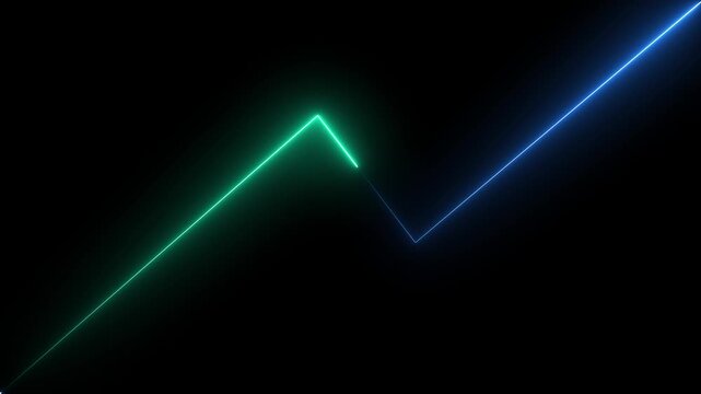 Neon glowing zigzag upward line graph on dark background showing business growth, financial progress, market trend and success concept.