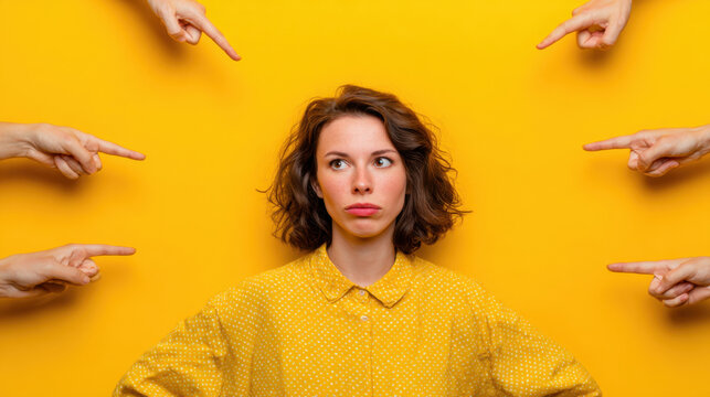 Woman accusation stress yellow background pointing finger blame concept harassment pressure guilt emotion social judgment anxiety expression confusion portrait unfair criticism