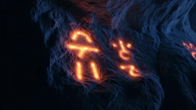 Alien glowing symbols on ancient cave wall. Conspiracy theory concept with mysterious hieroglyphics message. Cinematic animation.