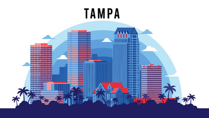 Tampa Cityscape Illustration Modern Buildings, Palm Trees, and Blue Sky