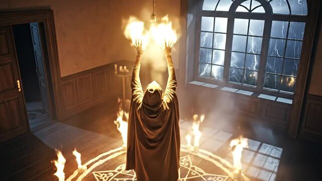 Ritual of Mystery: A cloaked figure, stands at the center of a candlelit pentagram, summoning the unknown amidst a mystical atmosphere.