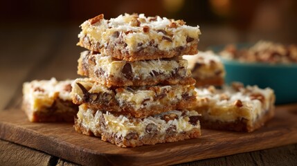Delicious stack of seven layer bars with coconut and chocolate