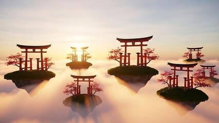 Japanese torii gates on floating islands.