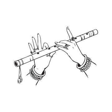 Lord Krishna hands playing flute line art drawing. Indian classical music instrument bansuri vector illustration. Traditional hands with jewelry sketch.
