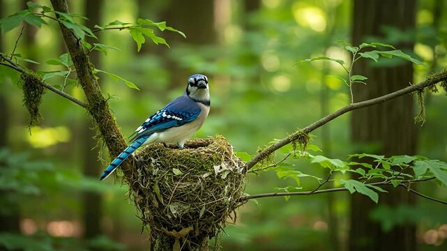 Blue Jay perched on a nest in lush forest environment.