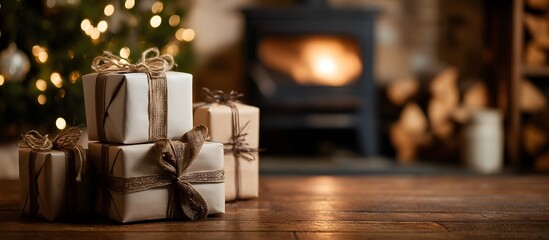 Cozy Christmas interior with festive decorations, beautiful gifts and a warm fireplace.