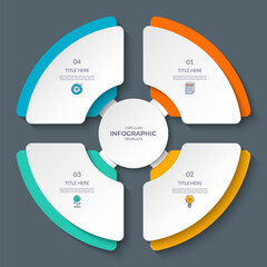 Infographic circle with 4 steps, options. Round chart, cycle diagram divided into four parts. Can be used for report, business analytics, data visualization, presentation, educational content.