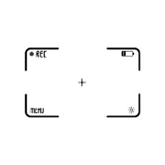 Fototapeta premium Camera viewfinder frame with focus marks and UI icons in black and white halftone style. Minimal photography interface overlay isolated on white background for photo, video or design use.