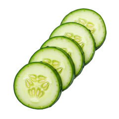 Row of fresh cucumber slices, clean cut-out for food composition