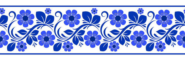 Folk border seamless with floral ornament, decorative pattern in blue tones with flowers, swirls, leaves on a white isolated background.  © Lukeriya