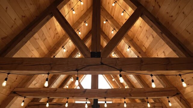 Cozy cabin interior with wooden beams and fairy lights illuminating patchwork quilt on bed. Rustic bedroom in cabincore style evoking warm relaxing home atmosphere.
