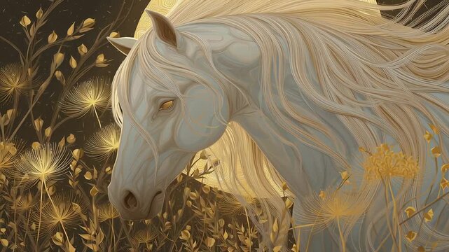 A beautiful white horse with a golden mane and tail is standing in a field of flowers. Luxury zodiac horse illustration, gentle gold glow highlights, serene composition, zodiac horse gold accent