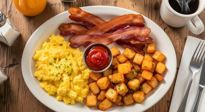 A hearty classic american breakfast with fluffy scrambled eggs, crispy bacon, and golden hash browns
