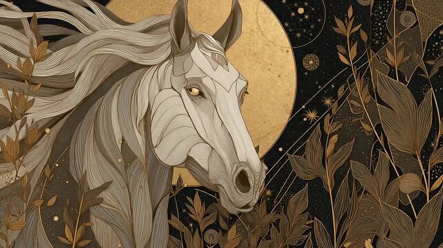 A horse with a golden mane and a golden moon in the background. Luxury zodiac horse illustration, gentle gold glow highlights, serene composition, zodiac horse gold accent