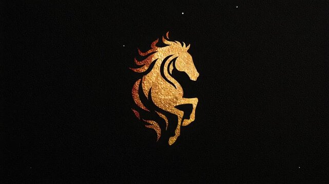 A gold horse logo on a black background. The horse is depicted with its legs raised and its mane flowing. Minimal fire horse emblem, flame textures, symbolic zodiac design, modern editorial look
