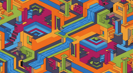 Vibrant Isometric Abstract Landscape with Geometric Structures and Water