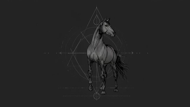 A horse is walking in a circular pattern, with a triangle in the background. Minimal line art horse with subtle astrological accents, quiet balanced composition, zodiac horse line art