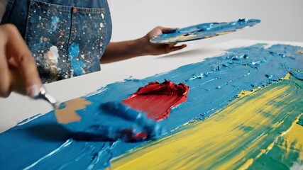 A closeup view of an artists hands skillfully applying vibrant blue red yellow and green acrylic paints onto a canvas using a metal palette knife creating rich textures and an abstract composition fo.