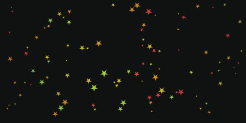 black background with star shape. Colorful twinkling stars scattered across a dark night sky creating a festive background
