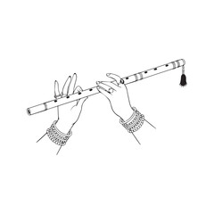 Lord Krishna hands playing flute line art drawing. Indian classical music instrument bansuri vector illustration. Traditional hands with jewelry sketch.  © Journey