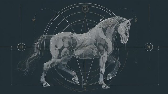 A horse running in the center of a circular frame. Minimal line art horse with subtle astrological accents, quiet balanced composition, zodiac horse line art