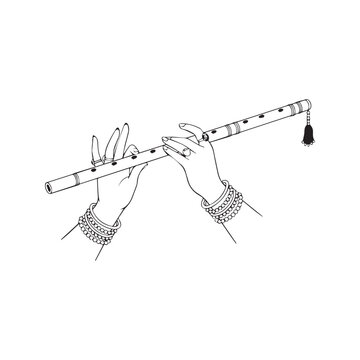 Lord Krishna hands playing flute line art drawing. Indian classical music instrument bansuri vector illustration. Traditional hands with jewelry sketch.
