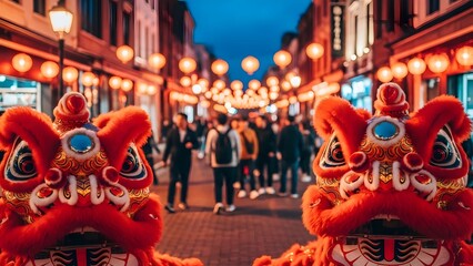 Chinese new year celebration with traditional lion dance in a vibrant street