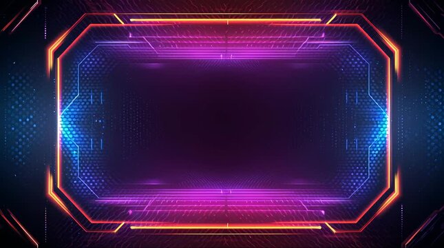 Abstract futuristic digital neon border frame with hi-tech HUD elements and glowing purple and blue light effects