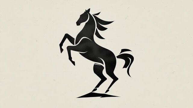 A horse is depicted in a black and white drawing. The horse is standing on a rock. Minimal zodiac horse art, clean silhouette, balanced negative space, modern symbolic style