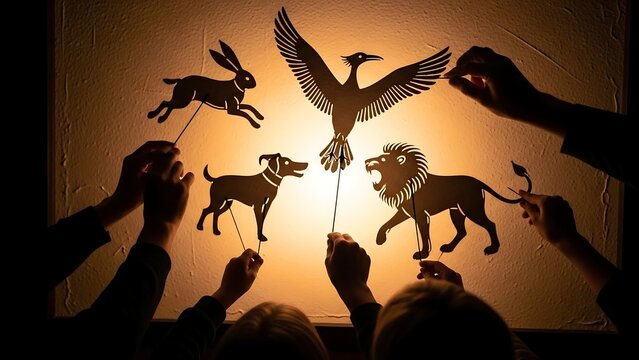 Hands holding shadow puppets of animals.