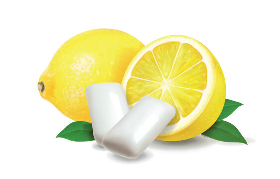 Lemon chewing gum. Bubble gum with lemon citrus flavor. Chewing pads with fresh ripe lemon fruit, realistic advertising poster. Isolated 3d vector illustration
