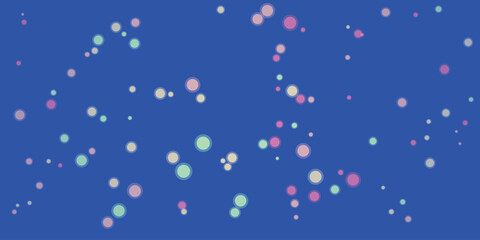 blue background with dot shape. Bright and cheerful abstract pattern of assorted pastel color dots on a deep blue canvas