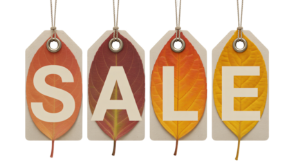 Vibrant sale tags with autumn leaves on black background