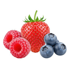 Mixed strawberries raspberries and blueberries isolated subject