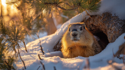 Groundhog emerging from its snowy burrow during golden hour, anticipating spring arrival, with warm sunlight illuminating pine branches and winter wildlife
