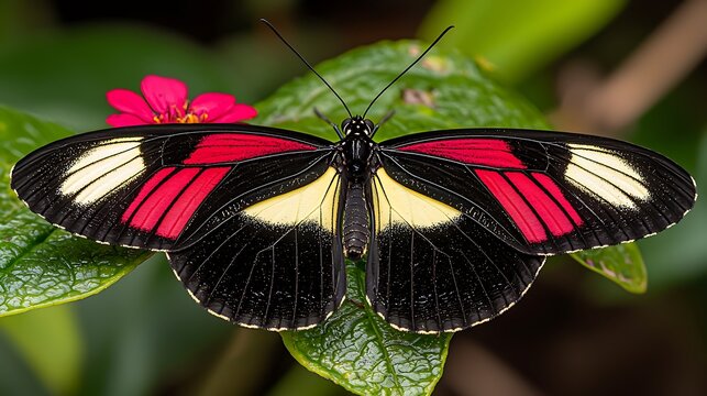 Vibrant Common Postman butterfly (Heliconius melpomene) with striking black, red, and yellow wings spread open on a green leaf.