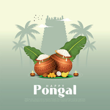 Vector illustration of Happy Pongal Holiday Harvest Festival of Tamil Nadu South India greeting vector background