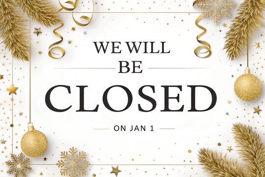 Closed on January 1 Announcement, New Year Business Closure Sign, January 1 Holiday Closed Notice, Gold Festive Closure Graphic, We Will Be Closed Jan 1 Poster