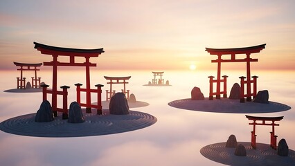 Japanese torii gates on water at sunrise.