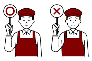 ○&times;マークを掲げるカフェの男性店員