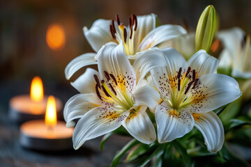 Burning memorial candles placed beside white lilies during an evening gathering