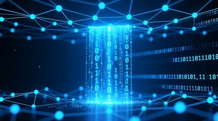 Glowing binary data column connecting network nodes in futuristic cyber grid